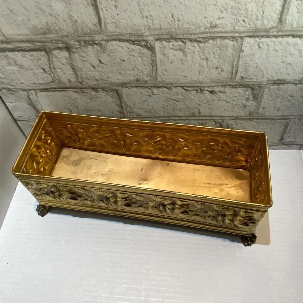 Vintage English Brass Footed Planter/Container with Embossed Rose Pattern